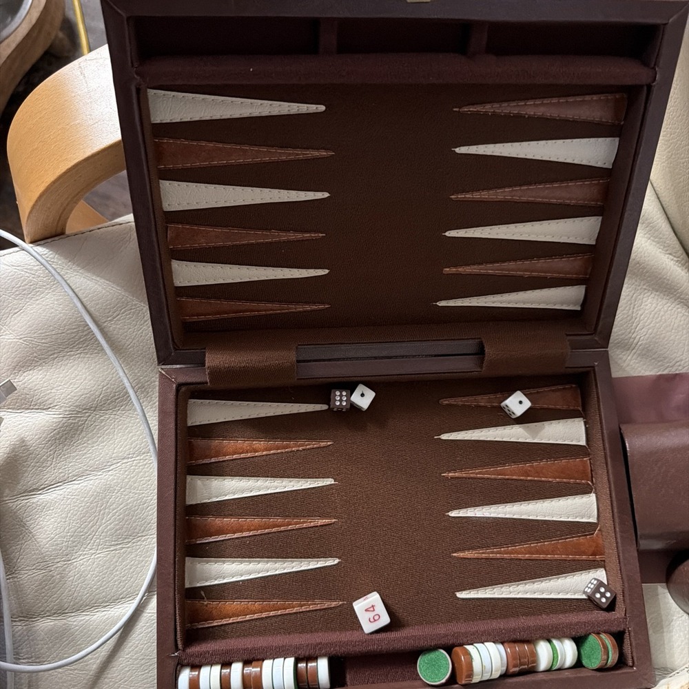 Vintage Travel Backgammon Set Brown Cream Briefcase Style Complete 80sish